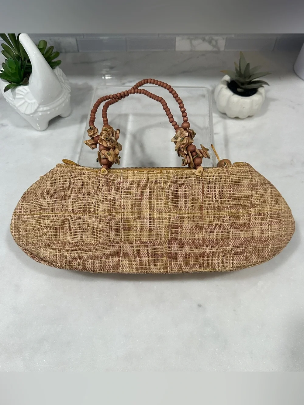 Sun & Sand Handcrafted Tan Mosaic Beaded Shoulder Bag
